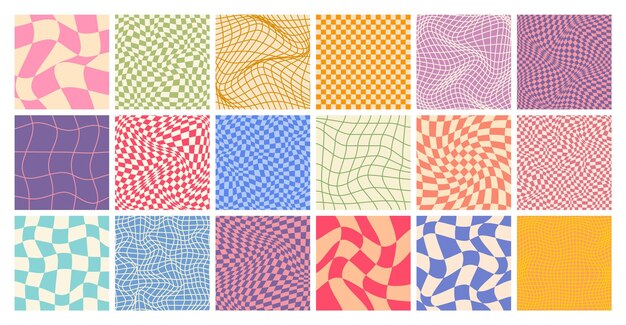 Groovy patrón a cuadros colorido distorsionado cuadrícula de azulejos vintage ondulado fondo curvo efecto de distorsión funky textura de tablero de ajedrez geométrico fondo retro en estilo de los años 90 y2k ilustración vectorial