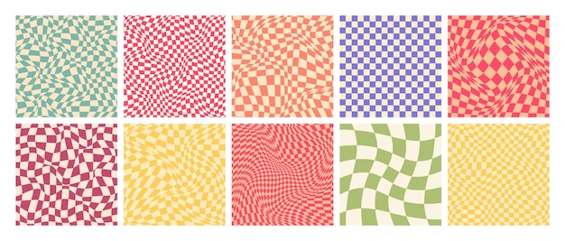Groovy patrón a cuadros colorido distorsionado cuadrícula de azulejos vintage ondulado fondo curvo efecto de distorsión funky textura de tablero de ajedrez geométrico fondo retro en estilo de los años 90 y2k ilustración vectorial