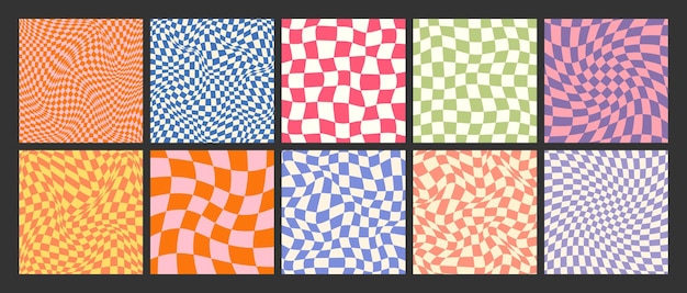 Groovy patrón a cuadros colorido distorsionado cuadrícula de azulejos vintage ondulado fondo curvo efecto de distorsión funky textura de tablero de ajedrez geométrico fondo retro en estilo de los años 90 y2k ilustración vectorial