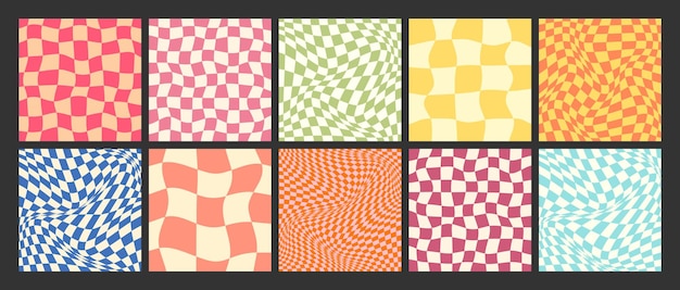 Groovy patrón a cuadros colorido distorsionado cuadrícula de azulejos vintage ondulado fondo curvo efecto de distorsión funky textura de tablero de ajedrez geométrico fondo retro en estilo de los años 90 y2k ilustración vectorial