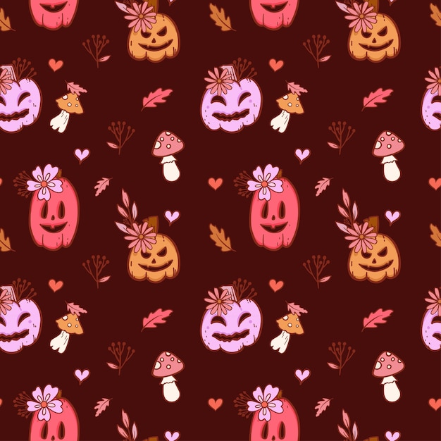 Vector groovy patrón vectorial de halloween con calabazas en estilo retro de los años 70. ilustración rosa psicodélica