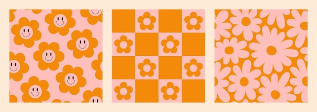 Groovy patrones sin fisuras con tablero de ajedrez y flores de margarita fondo vectorial psicodélico en s