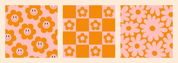 Groovy patrones sin fisuras con tablero de ajedrez y flores de margarita fondo vectorial psicodélico en s