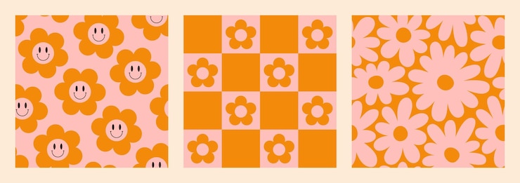 Vector groovy patrones sin fisuras con tablero de ajedrez y flores de margarita fondo vectorial psicodélico en s