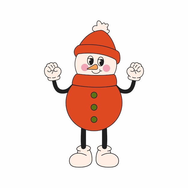 Groovy pegatina navideña de los años 70 Personaje de dibujos animados en mascota cómica de estilo retro de moda Lindo muñeco de nieve