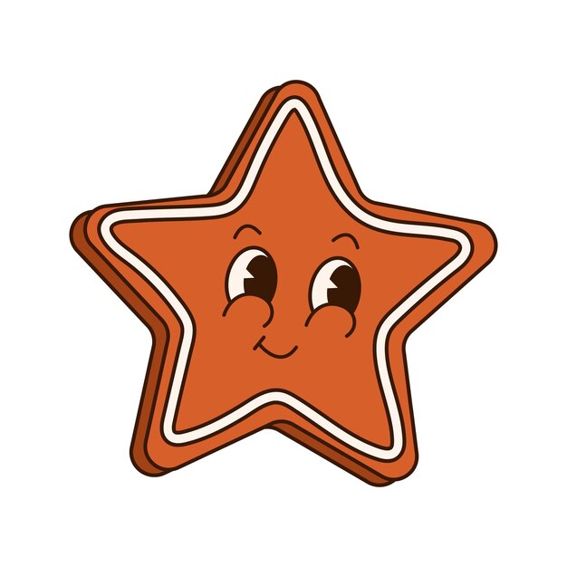 Groovy pegatina navideña de los años 70 Personaje de dibujos animados en mascota cómica de estilo retro de moda Lindo pan de jengibre en forma de estrella