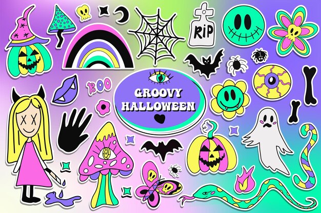 Groovy pegatinas de halloween ambientadas en una colección psicodélica de estilo retro de elementos de diseño hippie