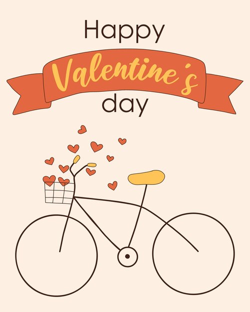 Groovy postal retro para el día de San Valentín Linda postal con una bicicleta y corazones Tarjeta romántica con una bicicleta con corazones ilustración vectorial Estilo retro 60s 70s