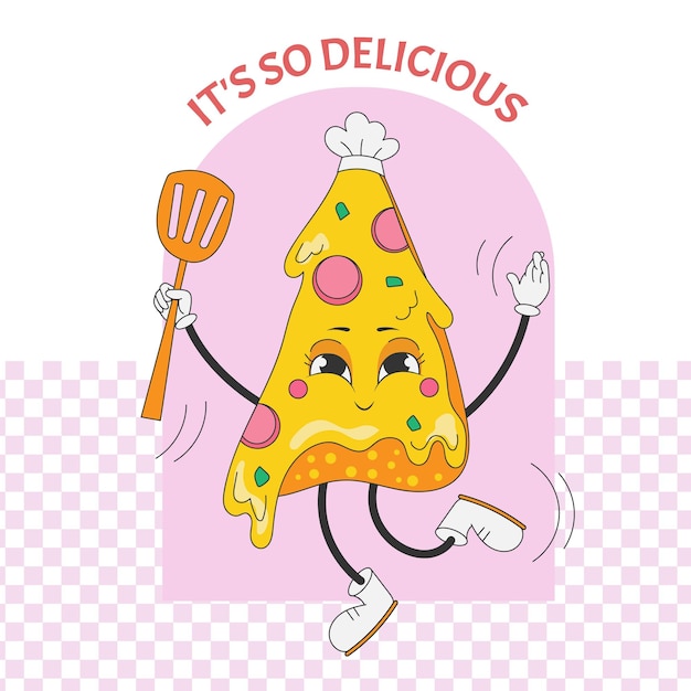 Groovy rebanada de pizza con queso Emociones felices Carácter sonriente Ilustración de moda en estilo retro