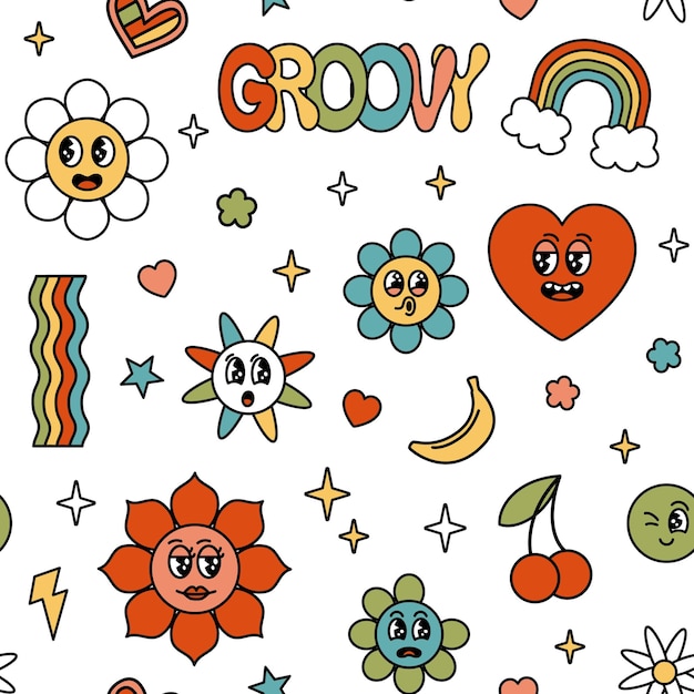 Groovy retro elementos hippie patrón sin costuras dibujos animados flor arco iris margarita con caras divertidas y bonitas