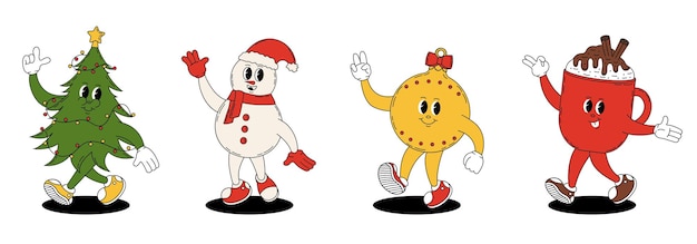 Groovy retro Feliz Navidad y Feliz Año Nuevo personajes de Navidad en estilo groovy