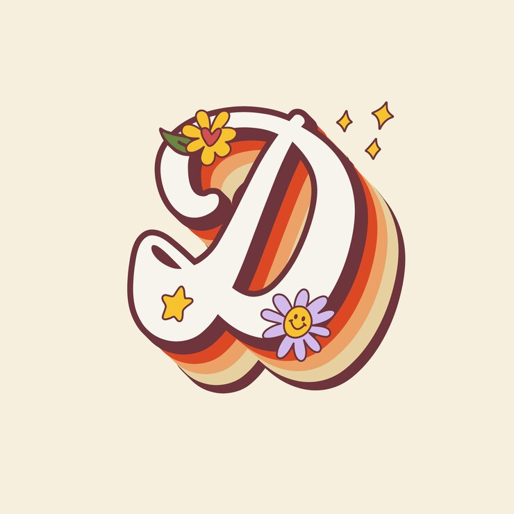 Vector groovy retro hippie estilizada letra inicial d con flores letra de los setenta para impresión nostálgica o