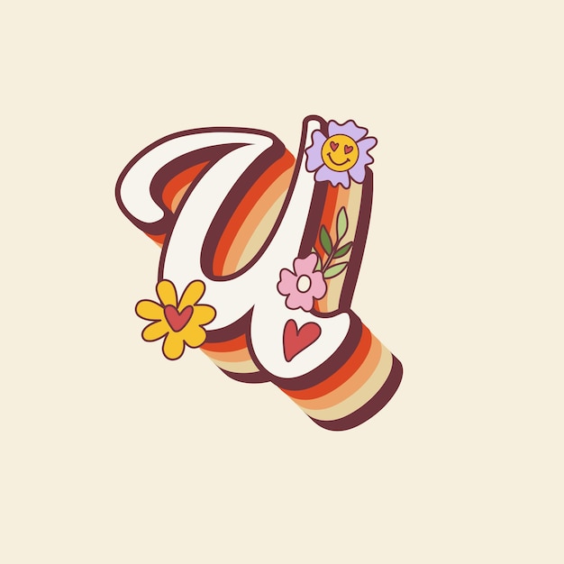 Groovy retro hippie estilizada letra inicial u con flores letra de los setenta para impresión nostálgica o