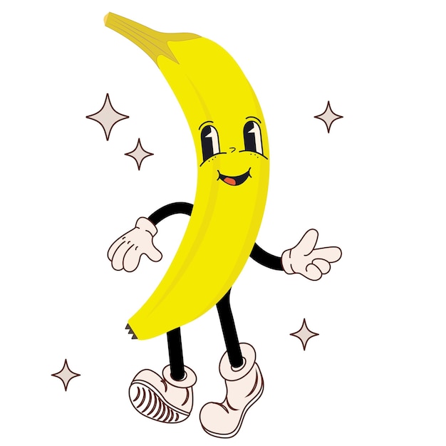 Groovy retro personaje de dibujos animados de plátano en estilo vintage de los años 50 60 70 mascota de fruta vintage