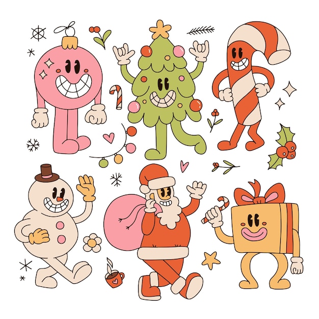 Groovy retro personajes de dibujos animados set santa claus árbol de navidad caja de regalo bola muñeco de nieve bastón de caramelo en