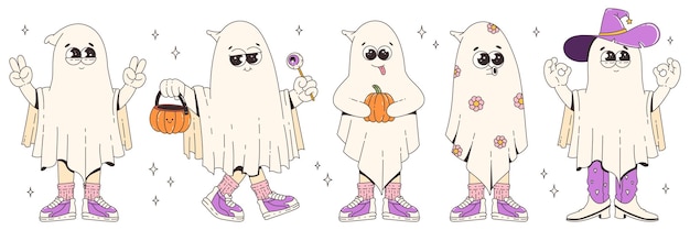 Groovy retro personajes de halloween Fantasmas geniales funky Feliz Halloween Estilo de dibujos animados retro de moda