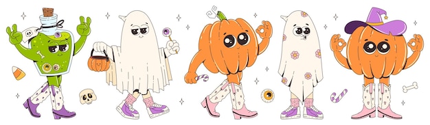 Groovy retro personajes de halloween poción fantasma y calabaza con geniales botas de vaquero