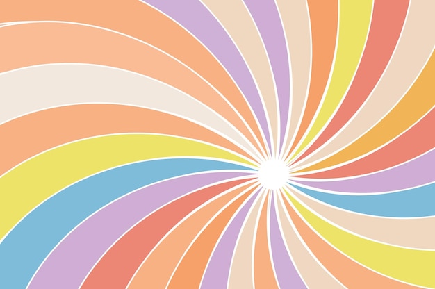 Groovy retro remolino sunburst con rayos o rayas en el centro retro 60s 70s Sol de verano y fondo de carnaval Color pastel