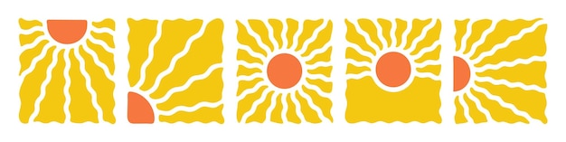 Groovy retro sol abstracto Sol groovy hippie estallido de sol de verano con olas formas de sol estilo vectorial Boho