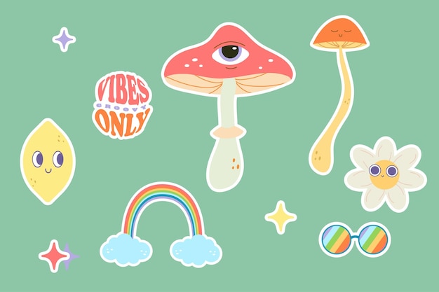 groovy set pegatinas clip art ilustración vectorial