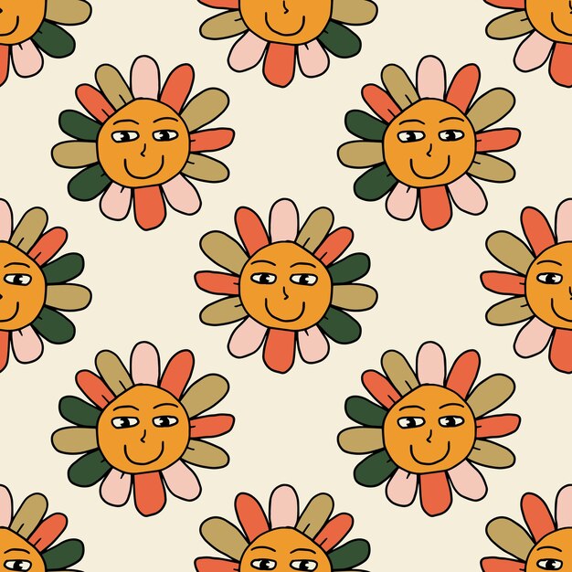 Groovy sonriente hippie flor de patrones sin fisuras. estampado de flores de margarita sonriente retro positivo de los años 70.