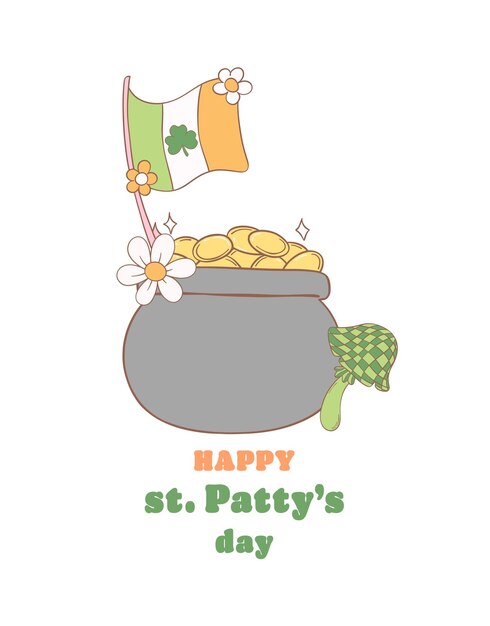 Vector groovy st patricks día olla de moneda con hoja de trébol bandera dibujo de dibujos animados