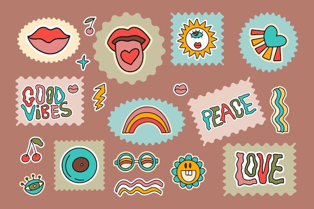 Groovy sticker set good vibes, arco iris labios retro flor hippie 70s disco ilustración de dibujos animados