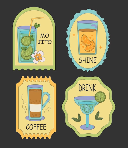 Vector groovy stickers de bebida y cócteles en vaso bebida retro café y majito con hielo y lima