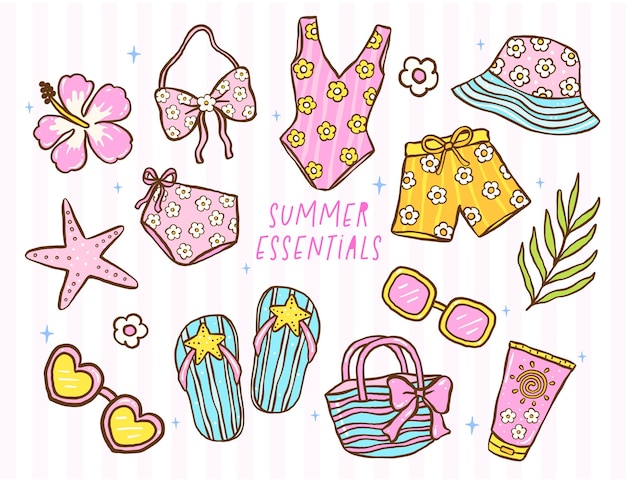 Groovy Summer Juego de verano Vestido de Doodle Ilustración lindo pastel Playa Esenciales Colección de arte