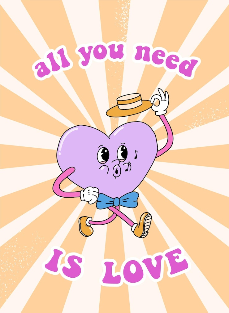 Vector groovy tarjeta de felicitación del día de san valentín con carácter de corazón de dibujos animados retro y cita