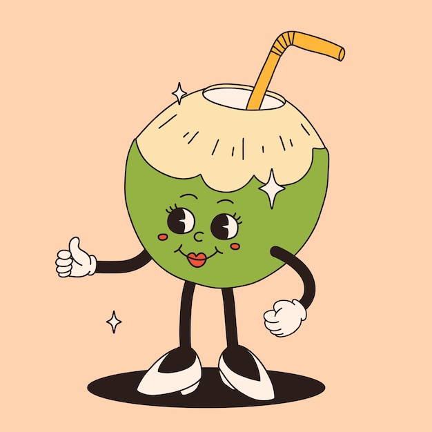 Groovy verde coco mascota funky personaje retro dibujado coco verde con paja sonriendo caminando gracioso vintage personaje de estilo de moda colección de cómics Doodle