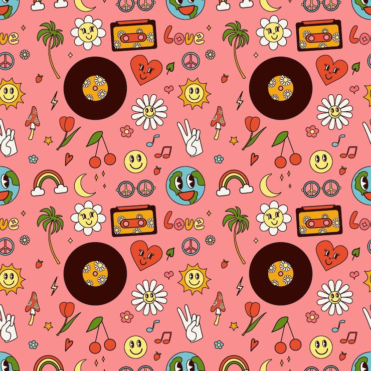 Vector groovy vibe vector de patrones sin fisuras 60s 70s hippie amor música tierra sonrisa flores