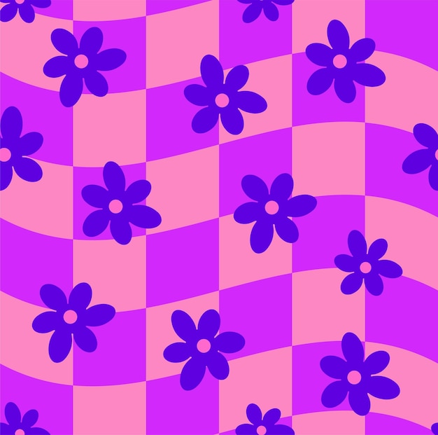 Groovy Wavy Melted Psychedelic Checkerboard Y2K 90s de patrones sin fisuras vector de fondo con flores de margarita Fondo de pantalla de textura de repetición óptica trippy retro hippie