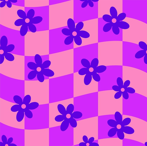 Groovy wavy melted psychedelic checkerboard y2k 90s de patrones sin fisuras vector de fondo con flores de margarita fondo de pantalla de textura de repetición óptica trippy retro hippie