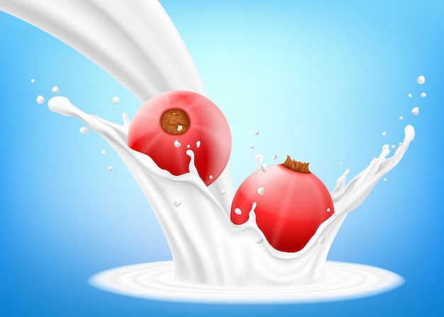 Grosella roja en un chorrito de leche o yogur la baya fresca cae en la leche 3d ilustración vectorial realista aislada sobre fondo azul alimentos dulces fruta orgánica