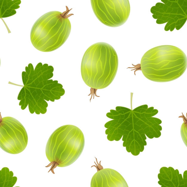 Grosellas espinosas 3d realistas y detalladas con hojas verdes de fondo sin fisuras en una ilustración vectorial dulce fresca natural blanca de grosella espinosa madura
