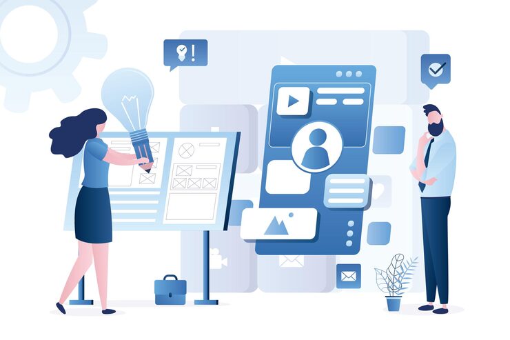 Vector group of designers programmers creates mobile app coding and software application development