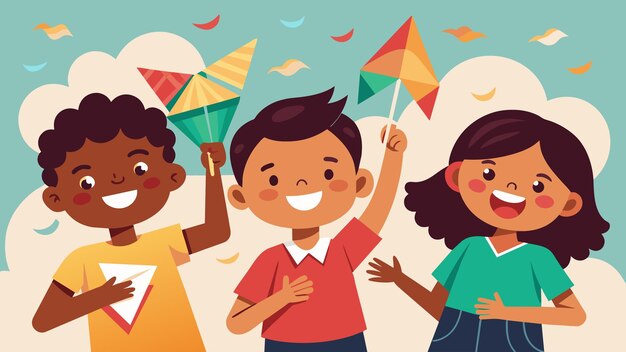 Vector a group of kids laughing and having fun while making traditional paper kites an activity that