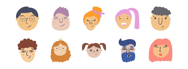 Groupe de avatar La gente se enfrenta en la ilustración vectorial redonda en un personaje de estilo plano para el diseño