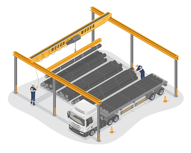 Vector grúa aérea que levanta materiales industriales desde un camión de plataforma plana de remolque en plataforma plana de fábrica