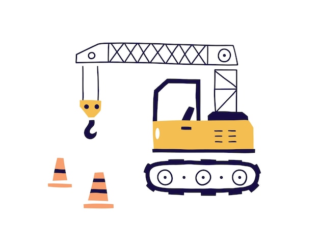 Grúa sobre orugas, lindo transporte de construcción en estilo escandinavo. Vehículo industrial con brazo elevador para la construcción y reparación de carreteras. Childish Scandi ilustración vectorial plana aislada sobre fondo blanco.