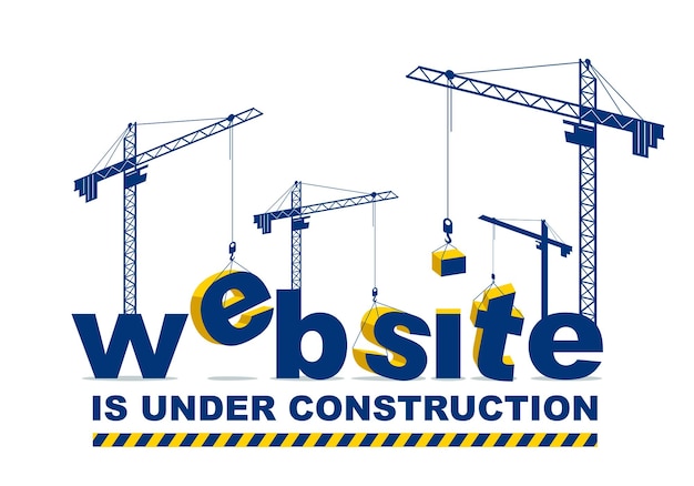 Grúas de construcción construye el diseño de concepto de vector de palabra de sitio web, ilustración conceptual con alegoría de letras en el desarrollo de progreso, metáfora elegante del progreso del sitio de página web.