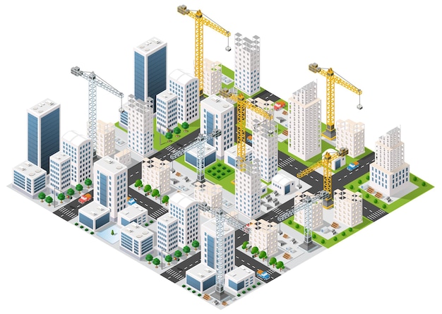 Grúas de construcción que construyen rascacielos modernos en el creciente centro de la ciudad vista isométrica