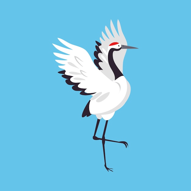 La grulla coronada roja como pájaro de patas largas y cuello largo de pie con las alas extendidas en una ilustración vectorial de fondo azul