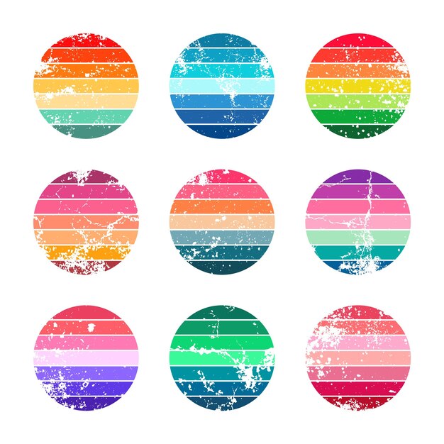 Grunge colección de puesta de sol vintage coloridas insignias de amanecer a rayas en estilo s y s vista al sol y al océano