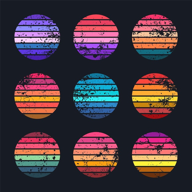 Grunge colección de puesta de sol vintage coloridas insignias de amanecer a rayas en estilo s y s vista al sol y al océano