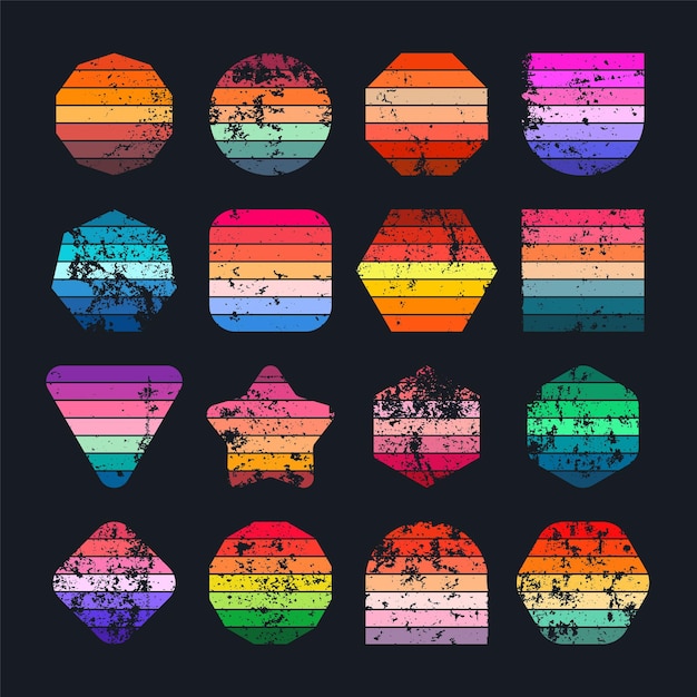 Grunge colección de puesta de sol vintage varias insignias de amanecer a rayas coloridas en estilo s y s sol y
