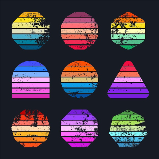 Grunge colección de puesta de sol vintage varias insignias de amanecer a rayas coloridas en estilo s y s sol y