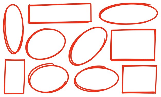 Grunge dibujado a mano, círculo y cuadrado, resaltados, pluma de carbón, óvalos redondos, marcadores, arañazos, garabateos en redondo, marcos de garabateo redondos e ilustración vectorial