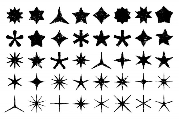 Grunge estrellas Dibujado a mano estrella, garabato estrellado y textura de icono de favoritos silueta conjunto de vectores aislados